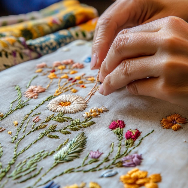 Mâini care brodează un model floral